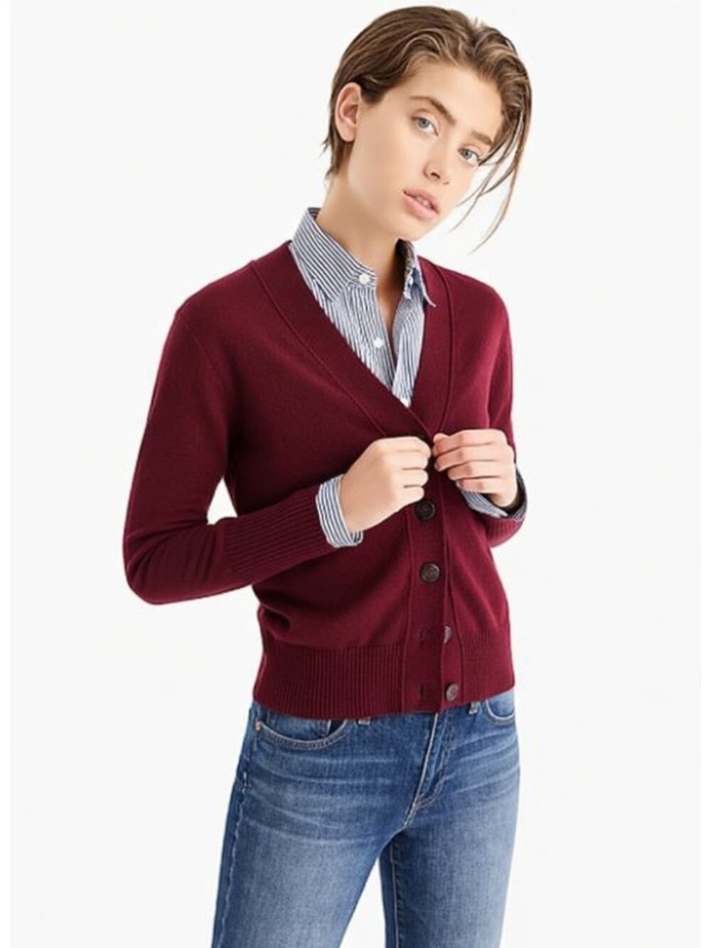 NWT J.Crew Everyday Cashmere Cropped Cardigan Sweater in Burgundy L
